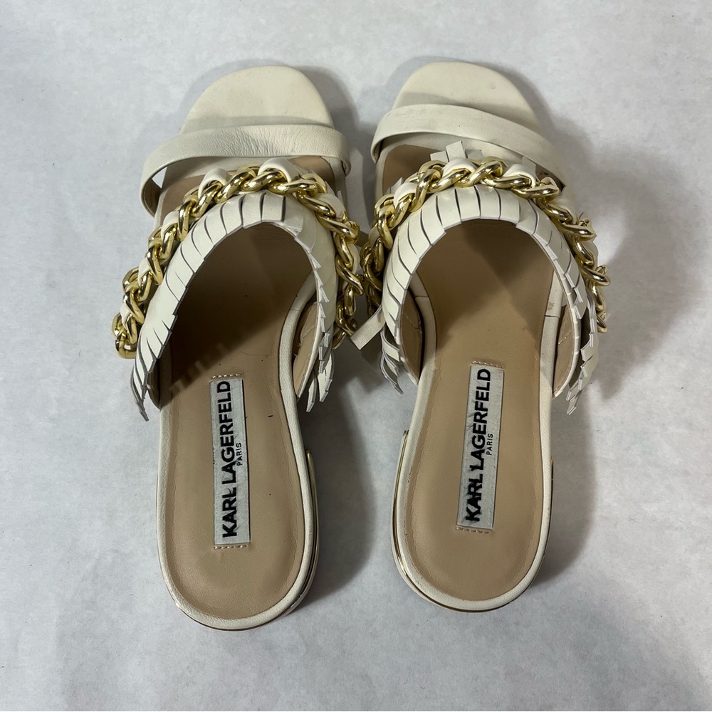 Karl Lagerfeld Athens Sandals Fringe Gold Chain Ivory Size 6.5 - Picture 5 of 8